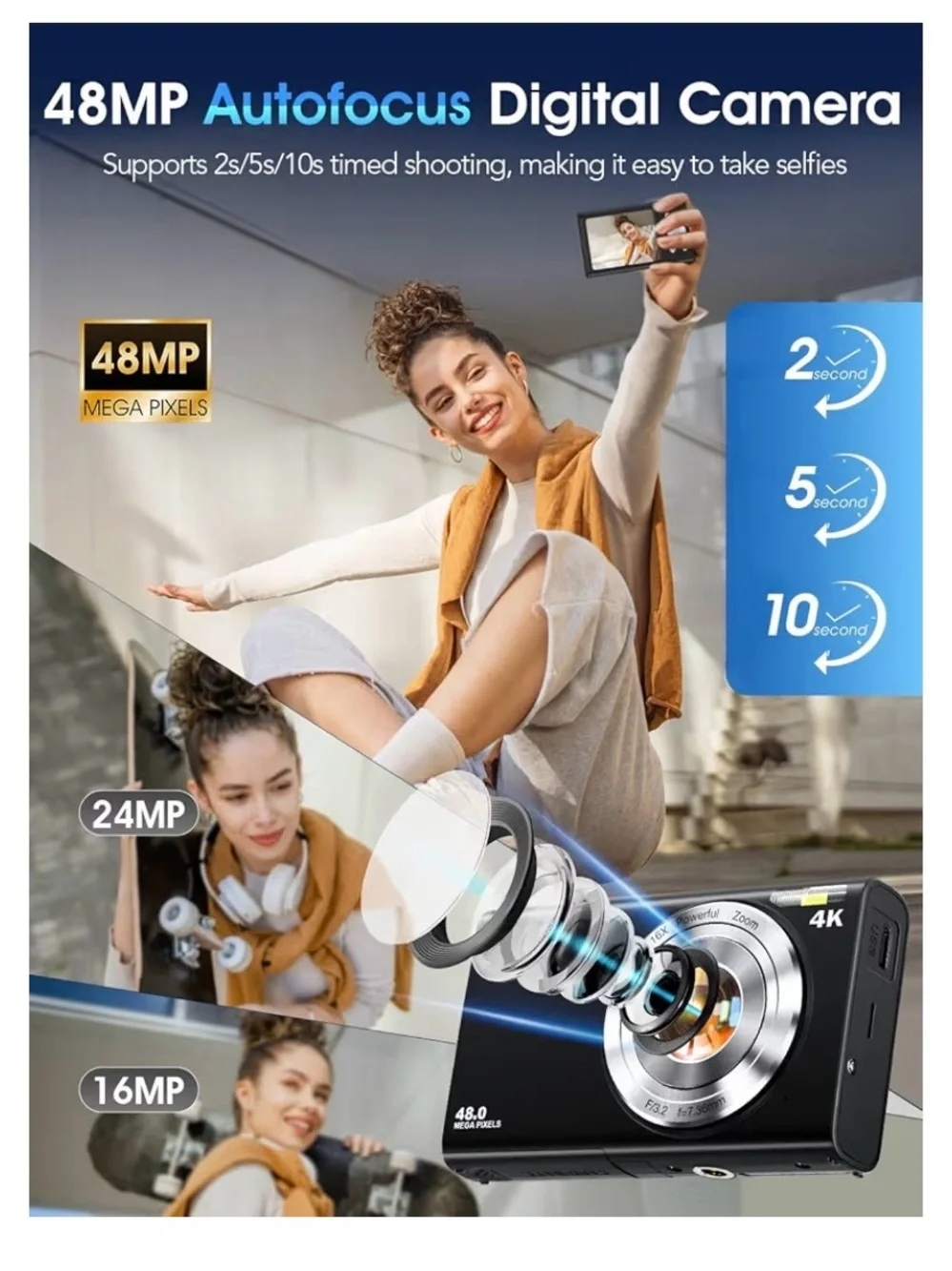 4K Black Digital Camera with Flip LCD - Compact Photo & Video Camera